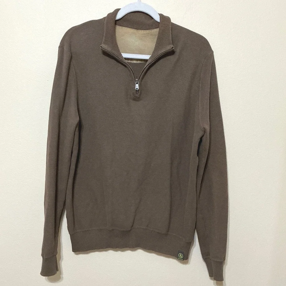 Aigle Mens Quarter Zip Pullover Sweater Brown Elbow Patch Long Sleeve
